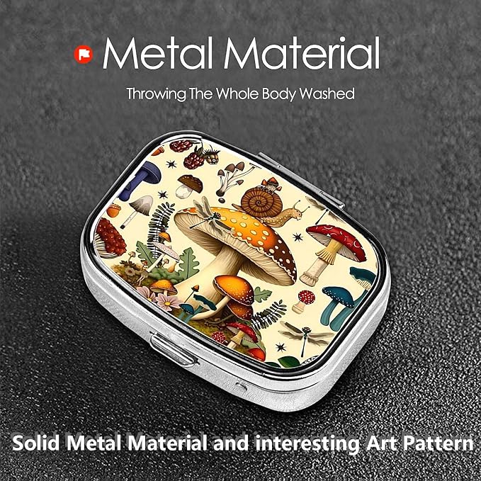 ABLESKY Pill Box, 2 Compartment Pill Organizer Case for Pocket or Purse, Small Portable Metal Travel Medicine Box with Mirror, Daily Vitamins Fish Oil Container-Vintage Snail Fantastic Mushroom