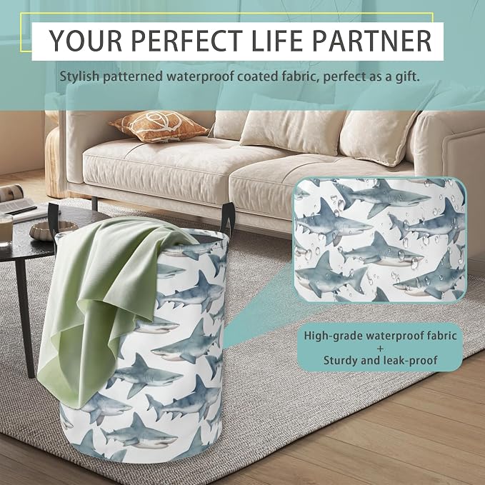 Laundry Hamper Foldable Oxford Cloth Shark Laundry Basket With Handle Portable Clothes Storage Organizer Basket Storage Bag For Laundry Room/Bedroom/Bathroom