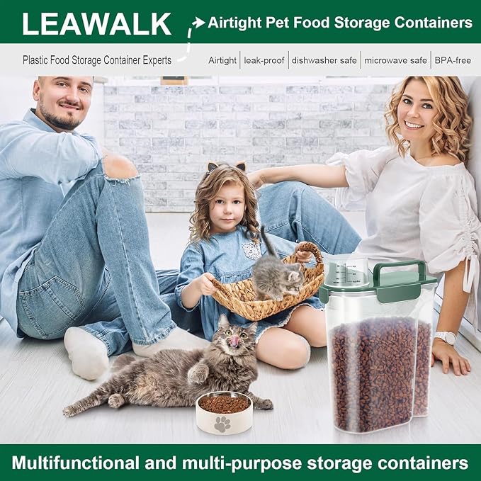 LEAWALK 5-7Lbs Cat Dog Storage Container, Portable Pet Food Containers with Upgraded Large Spout and Cup, Small Animal Kibble Dispenser for Bird Seed, Oatmeal, Rice, Flour, Brown Sugart-Dark Green