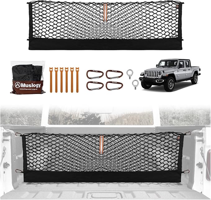 Muslogy Cargo Net for Jeep Gladiator 2020-2025 2026 JT Accessories | Custom Fit, Trunk Storage Organizer Net for SUV Sedan Van Divider, with Heavy Duty Carabiners, Night Visible Grab Handle