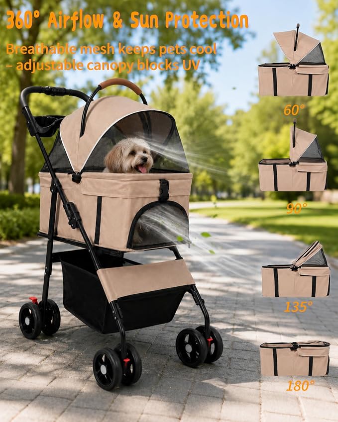 Pet Stroller, 3 in1 Foldable Dog Cat Stroller with Detachable Carrier-Khaki | 35lbs Lightweight Foldable Dog Stroller, All-Terrain 4 Wheels, Compact Travel Pet Stroller for Small to Medium Pets