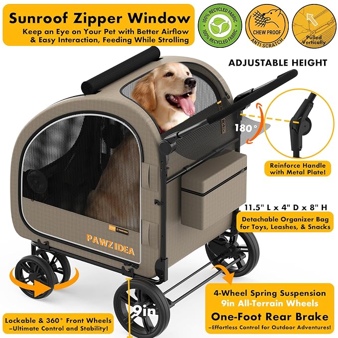 PAWZIDEA 3-in-1 Large Dog Stroller with Detachable Carrier, 45% Extra Tall | Dog Crate Car Travel for 2 Medium Dogs Sit Upright, Foldable Jogger Pet Stroller All-Terrain Up to 100lbs, Storage Organizer