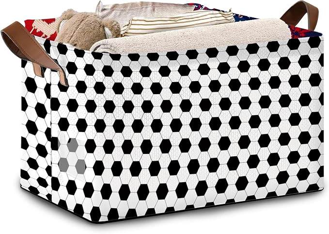 Soccer Ball Storage Basket Large 17x11.5x10.5 Inche-Collapsible Fabric Organizer Bin with Handles for Sports Room, Game Day Decor, Kids-Decorative Hamper with Classic Black & White Design-Single Pack