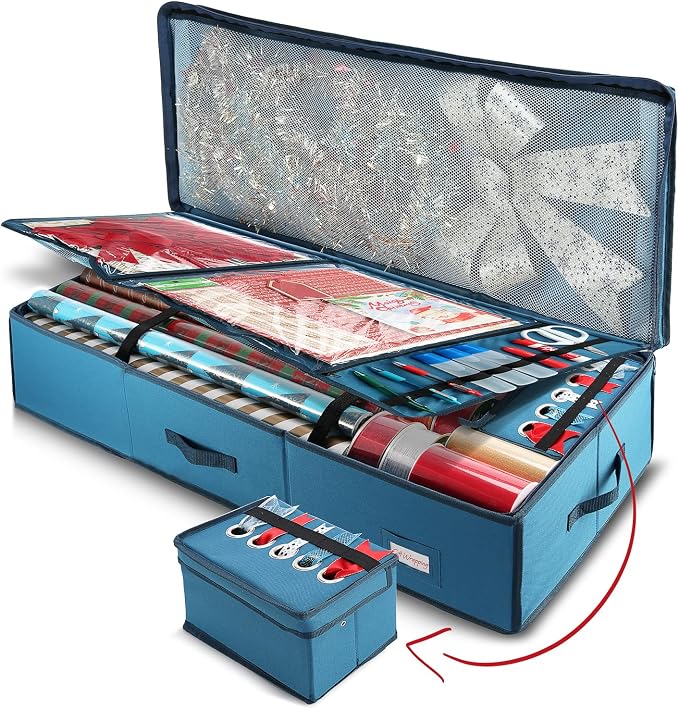 Hearth & Harbor Wrapping Paper Storage Container - Christmas Storage Bag with Ribbon Dispenser and Interior Pockets - Gift Wrap Organizer Fits Up to 26 Rolls of 40" Length, Blue