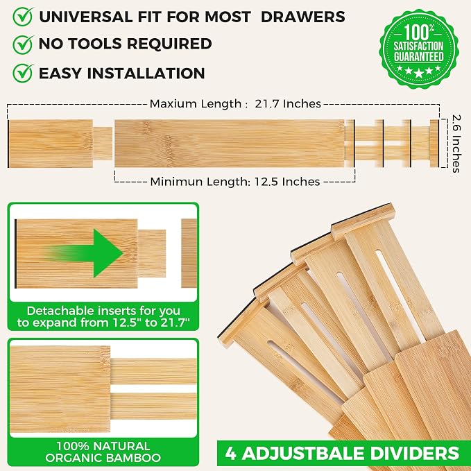 4 Pack Bamboo Drawer Dividers Organizer with Inserts 2.6'' High | Expandable from 12.5-21.7", Adjustable Drawer Organizer Separators for Utensils, Clothing, Office, Dresser, Bedroom, (Beige)
