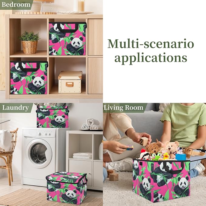 Panda Storage Bins with Lids, Bamboo Foldable Storage Boxes with Carrying Handle Organizer Containers Baskets Cube for Home Bedroom Closet