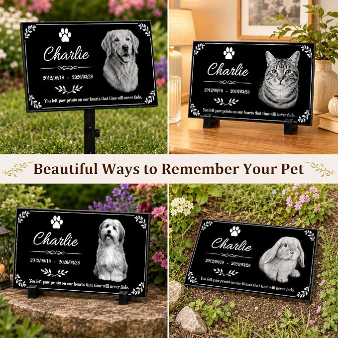 Personalized Pet Memorial Stone, Custom Granite Pet Grave Marker | for Dogs & Cats , Engraved Memorial Plaque with Photo Name Dates & Message, Indoor Outdoor Garden or Tabletop Display