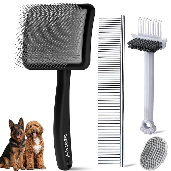 Large Slicker Brush for Dogs, 4-in-1 Extra Long Pins Dematting Dog Brush Grooming with Doodles Goldendoodles & Poodles, Deshedding Brush Set Cleaning Tool for Thick Double Coats,Black