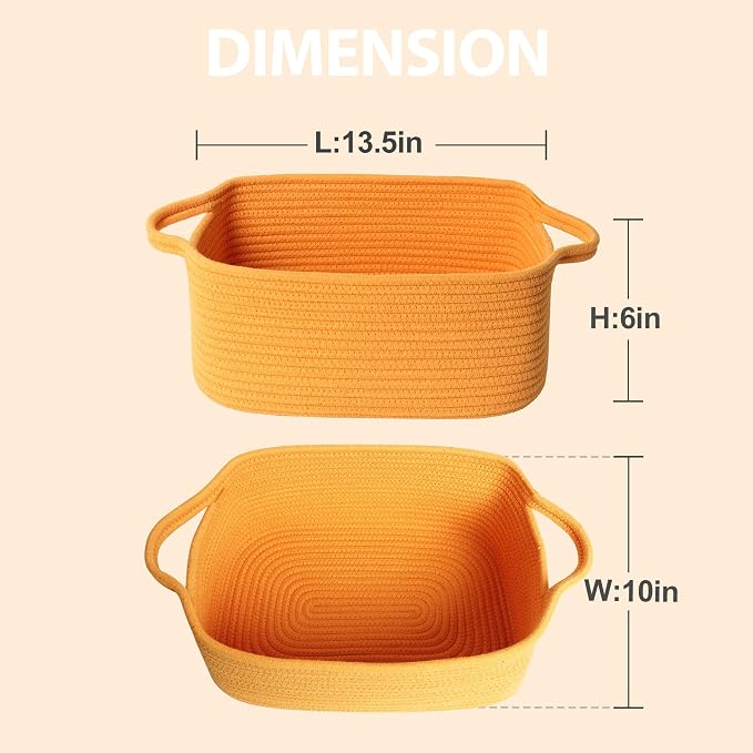 MEGASKET Orange Woven Basket, 13.5" x 10" x 6" Baskets for Gifts Empty, Cute Cotton Rope Cat Dog Toy Bin Box, Small Woven Bin for Organizing, Orange Room Decor, Nursery Cloth Diaper Storage Organizer