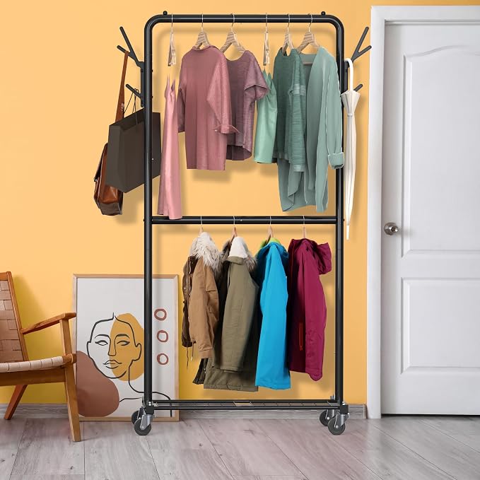 Simple Houseware Double Rod Clothes Rack with Wheels, Hooks & Shelf, Black | Heavy-Duty Metal Garment Rack Organizer