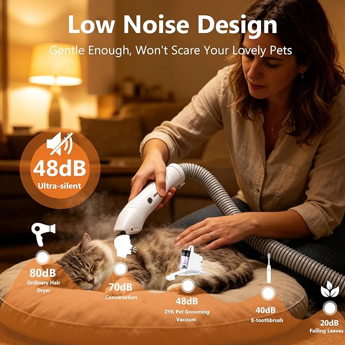 ZYK Dog Grooming Vacuum, All-in-One Professional Pet Grooming Kit (White) | Hair Clipper & Shedding Brush, Low Noise 13,000Pa Dog & Cat Hair Remover Vacuum,Cleaning Brushes, 1.8L Capacity Dust Cup