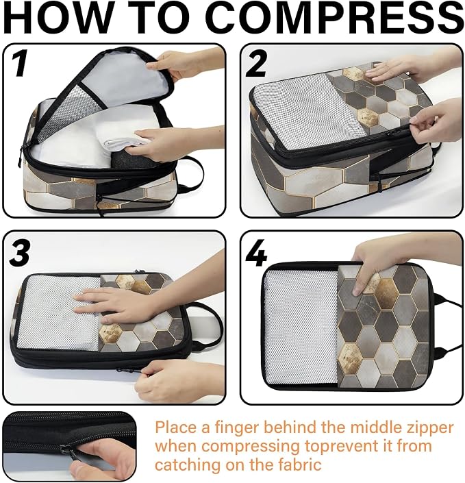 Geometric 6 Set Compression Packing Cubes Gold Expandable Packing Organizer for Travel Accessories Luggage Suitcase Bag