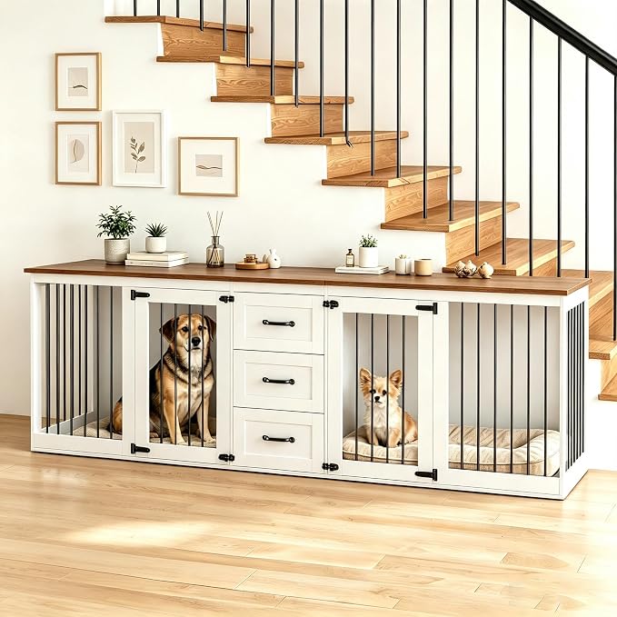 92.8" Furniture Style Dog Crate, Double Dog Crate Furniture | 3 Storage Drawers, Dog Kennel Indoor, for Med-Large Dogs, Farmhouse Dog Crate TV Stand with Divider, White Brown