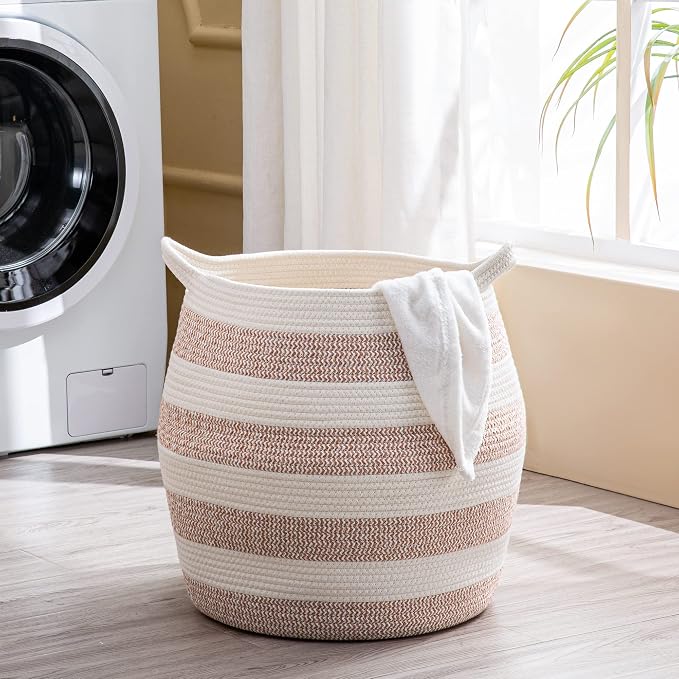 KAKAMAY Woven Baskets for Storage(17"x17"),Large Cotton Rope Woven Baby Laundry Hamper,Collapsible Laundry Basket, Blanket Basket for Organizing Living Room,Nursery,Pillows,Toy Chest(Rose)