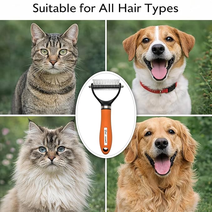 2-Sided Undercoat Rake for Dogs and Cats, Deshedding & Dematting Comb for Long Hair, Dog Brush for Shedding and Tangles, Stainless Steel Pet Grooming Tool