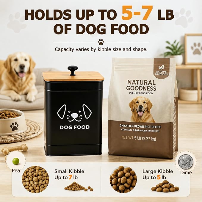 Dog Food Storage Container 25 Cups Airtight Metal Canister with Bamboo Lid | 5-7 lb Capacity, Pet-proof Lid Design, Durable Metal Body, Square Wide Opening, Pet Food Canister Dog Cookie Jar, Black