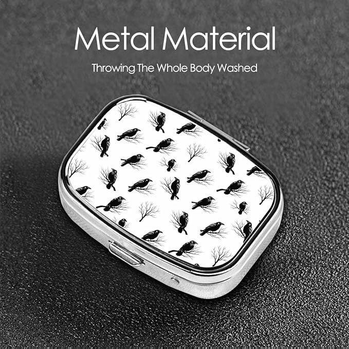 Purse Pill Container Slim Vitamin Organizer Credit-Card Sized Women’s Daily Essential, Tree Branch Black Crow Raven Bird