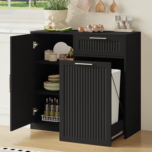 Single 13 Gallon Pull Out Trash Can Cabinet with Storage Cabinet,Black | Pet Proof Hidden Garbage Can Cabinet,3-Tier Shelves,Fluted Design,Extra Drawer Space,Kitchen & Dining Room Organization