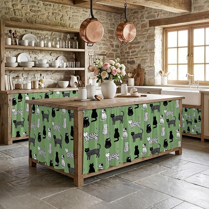 Cat Animal Sink Skirt 11"Wx13"L,Dustproof Under Sink Curtain with Self Adhesive Tape,Sage Green Earthy Tone Vintage Pet Modern Cabinet Curtain Cover for Bathroom Vanity,Kitchen Cabinet Storage Shelf