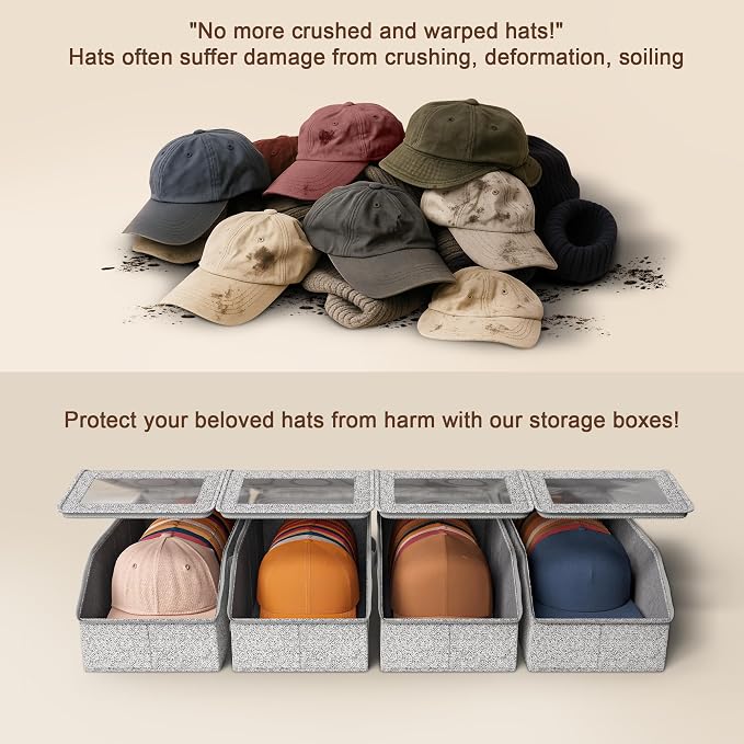 4 PCS Hat Organizer for Baseball Caps, Multi Functional Storage Box (Accommodates 48 Hats) with Visible Window and Zipper - Gray