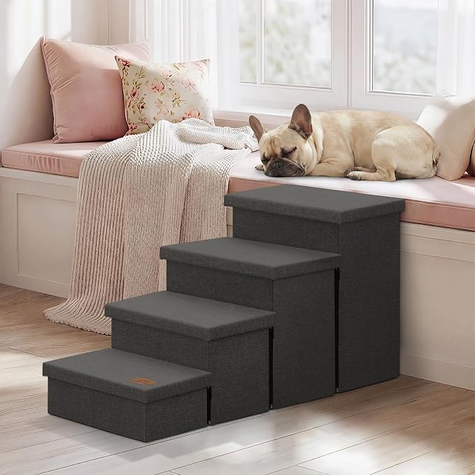 Zerbuger Dog Stairs with Storage, Dark Grey 4 Steps Dog Ramp no Condo | 23" H Wider Dog Steps for High Beds Couch, Folding Storage Pet Stairs Gift for Climbing Small/Medium/Large Old Dogs Cats