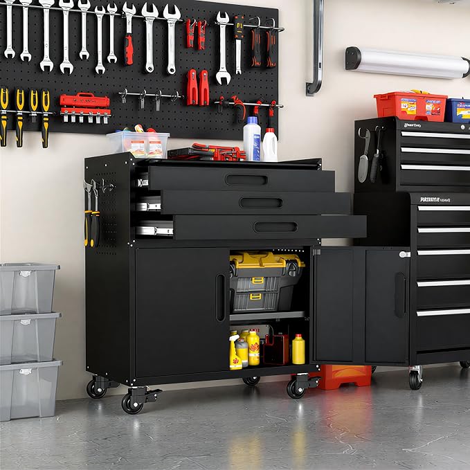 Garage Storage Cabinet, Metal Rolling Tool Cabinet with 2 Pegboard and 10 Hook, Heavy Duty Mechanics Tool Chest Storage for Workshop, Basement, Warehouse, Include Workbench Liner, Black