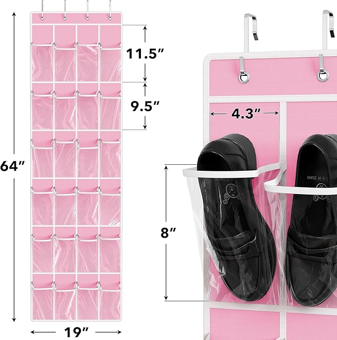 Simple Houseware 24 Pockets Clear Over the Door Shoe Organizer, Pink | 64" x 19", 4 Durable Metal Hooks, 4.3" x 9.5" Pocket Size, Multipurpose