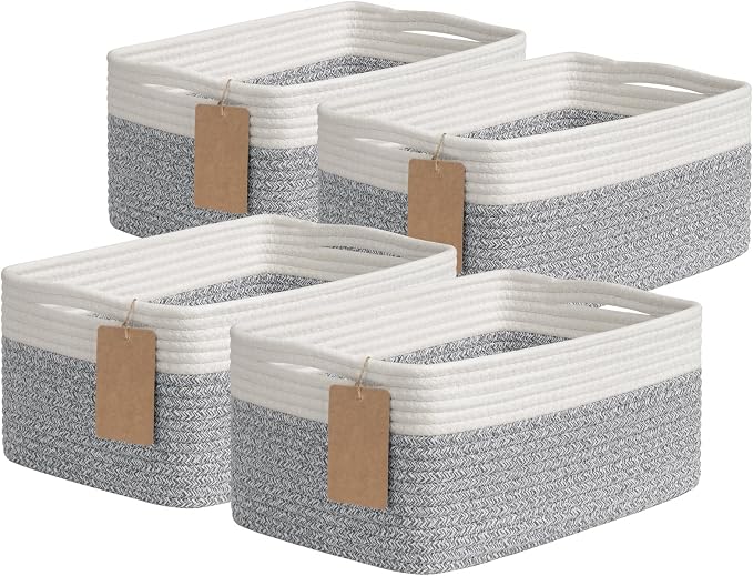 Goodpick 4 Pack Storage Baskets for Organizing Shelves, Gray & White | 13" x 8" x 6" Woven Rope Baskets for Baby Toys & Books, Shelf & Closet Organization, Stylish Gift Basket for Home Decor