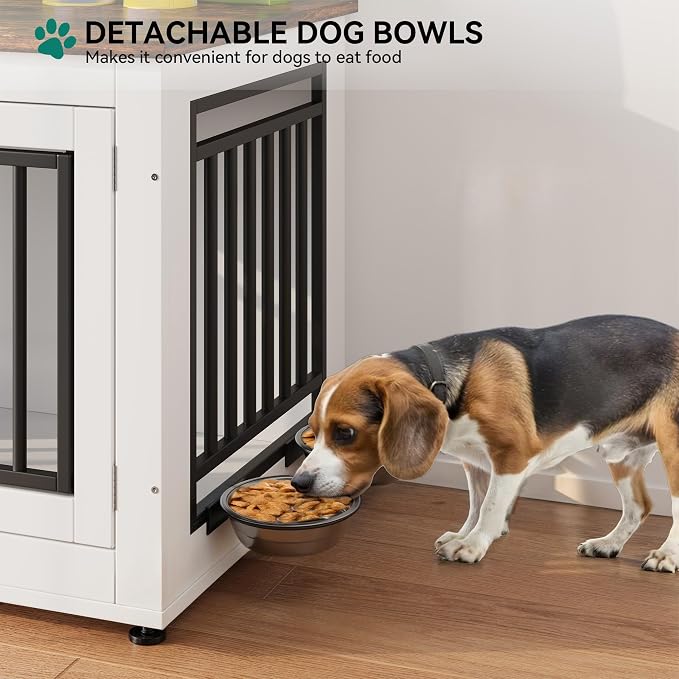 YITAHOME 35" Dog Crate Furniture, Wooden Side End Table with Adjustable Feet and Removable Bowls, Dog Kennel Indoor for Small Medium DogsV | Wooden Side End Table, Dog Kennel Indoor for Small Medium Dogs