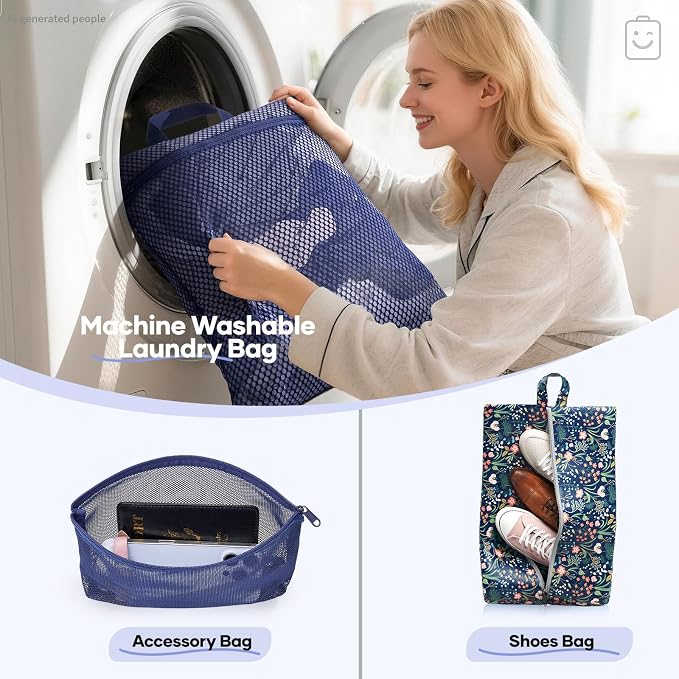 Veken 11 Set Compression Seting Cubes Garment Bags for Travel Essentials,Compressible Expandable Luggage Organizer Bags for Clothing,Space Saver Bags with Over 99 pcs of Mesh Holes(Dark Blue Floral)
