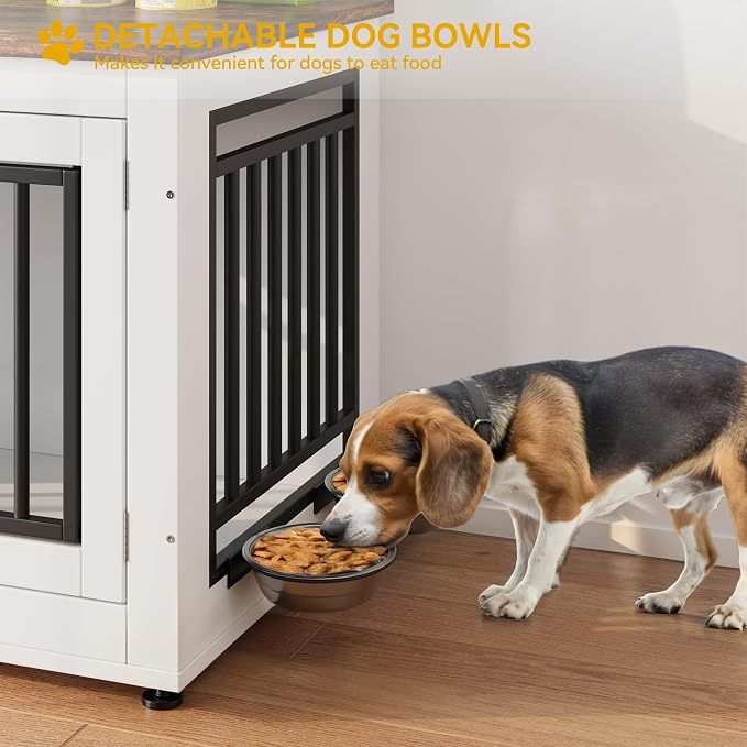 DWVO 35 Inch Dog Crate Furniture with Adjustable Feet & Removable Bowls | Dog Kennel Indoor Furniture End Table for Dogs, Modern Decorative Wooden Cage, Chew-Resistant, White