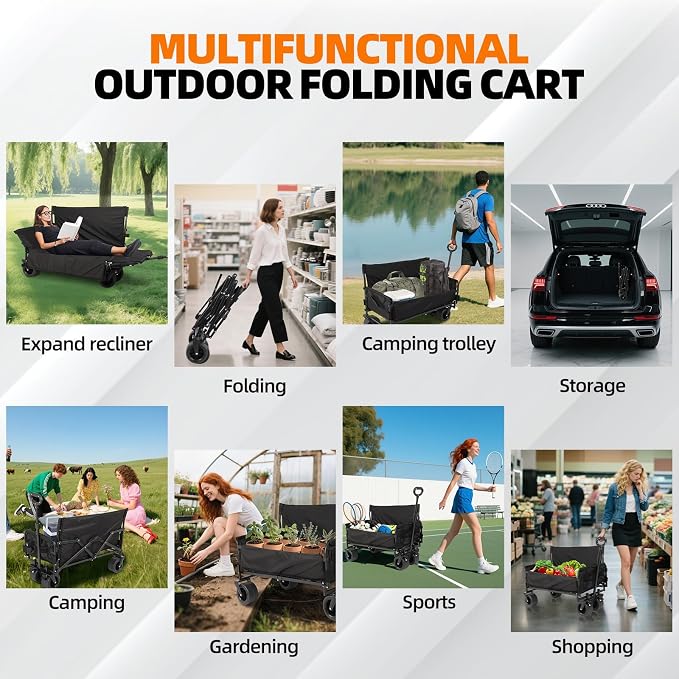 Collapsible Folding Wagon, 440LBS Heavy Duty Utility Carts,Reclining Camper,Expandable Storage，Padded and Wheeled, All Terrain Wheels, Great for Camping, Outdoors, Shopping, Portable,150L Large Wagon