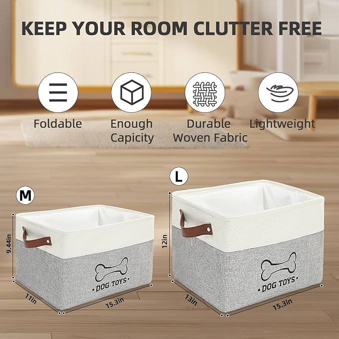 Homimp Dog Toy Basket, Dog Toy Bin Box with Comfortable Handles and Cover, Collapsible Large Pet Toy Storage Organizer for Accessories, Toys, Coat & Clothing, Blanket & Leash, Gray, 15"x11"x9"