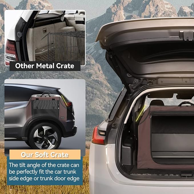 PETSFIT Portable Dog Crate, Soft Sided Dog Crate - 36 Inch Sturdy Adjustable Structure, Easy to Set Up, Collapsible Dog Car Kennel, Light Tough with 3 Mesh Doors Brown