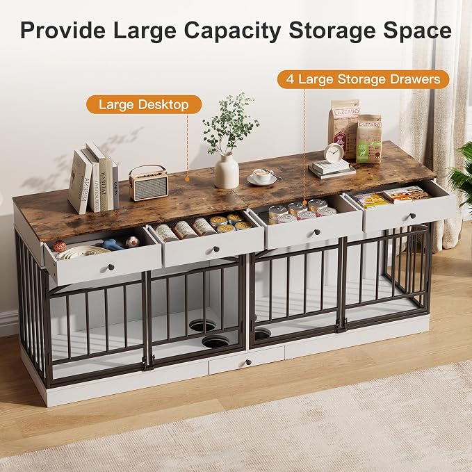 IDEALHOUSE 78.7" Double Dog Crate Furniture with Storage and 4 Doors, White | Dog Kennel Indoor with Feeding Bowls, Wood Dog Crate TV Stand for Small Medium Dogs