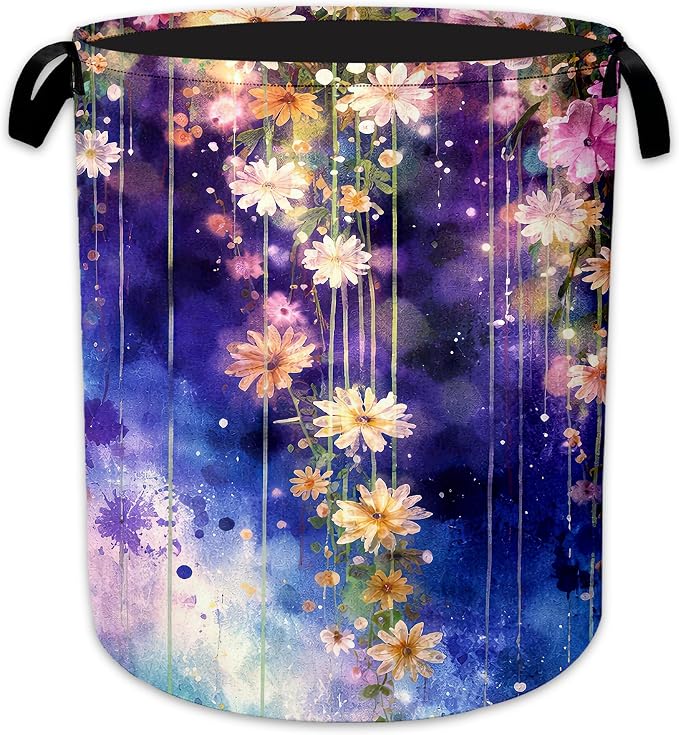 Laundry Hamper, Colorful Flowers Collapsible Blue White Laundry Baskets Waterproof Oxford Cloth With Handles, Clothes Storage Bucket For Bathroom/Bedroom 16" x 20.8"