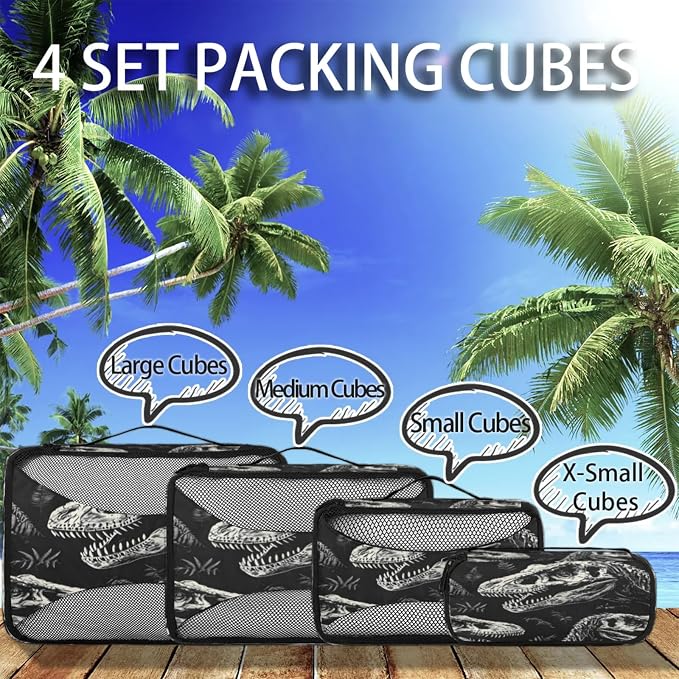 Dinosaur Skull Packing Cubes for Travel, Luggage Packing Organizers, Cool Dinosaur Travel Accessories Large Toiletries Bag for Clothes Shoes Cosmetics Toiletries