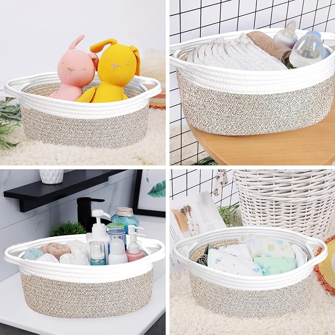 ABenkle Small Basket with Handles, Boho Decorative Rope Woven Dog Cat Toy Storage Bin Shelf Storage Organizer, Easter Christmas Gift Basket, 12"x8"x5", Mixed Brown