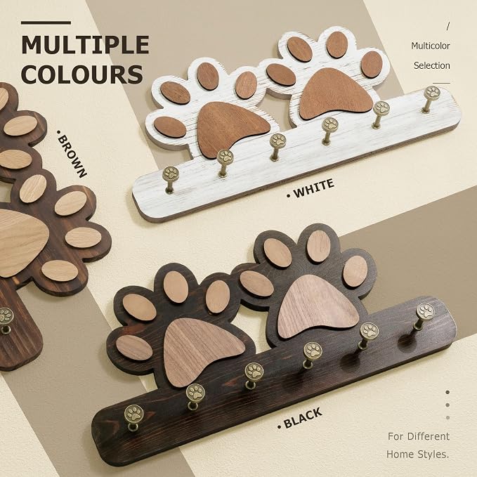 MTERSN Cute Dog Leash Holder for Wall for Apartment Essentials, Dark Brown | Acacia Wood, 3D Pet Claw Hooks, Wall Key Holder with 6 Hooks Dog Leash, Ideal for Wall Decor, Gift Idea for Dog Lovers