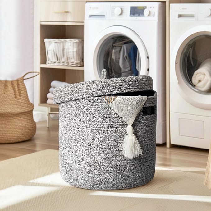 Storage Basket with Lid, Woven Blanket Storage for Living Room, Soft Cotton Rope Bin with Lid, Round Wicker Laundry Basket with Cover, Lidded Kid Dog Toy Box, Nursery Organizer, 15"x13", Gray
