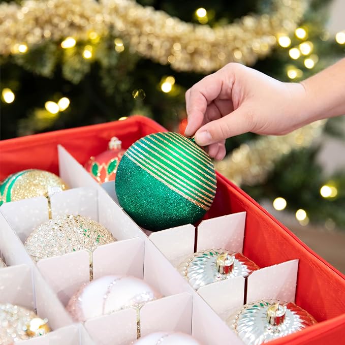 Christmas Ornament Storage Container with Dividers - Box Stores Up to 96 Ornaments, Zippered, Convenient, Adjustable, Large Organizer Bin to Protect Holiday Décor, Fits Most Standard Size, Red