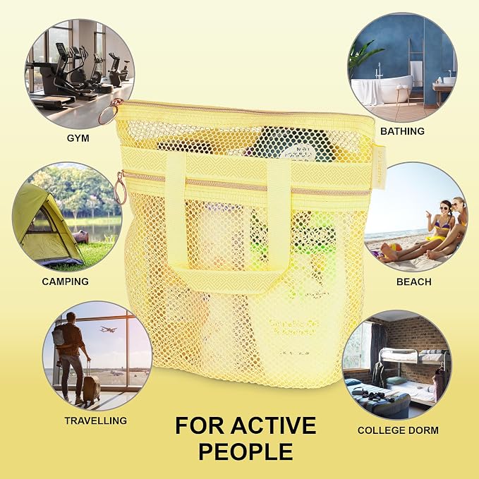 Mesh Shower Bag 10.2x9.9'' Quick-Dry Caddy with Zipper & 2 Pockets. Portable Toiletry Tote for Bathroom, Gym, Travel, Camp, Beach, for Sunscreen, Dorm & College Essentials (Yellow)