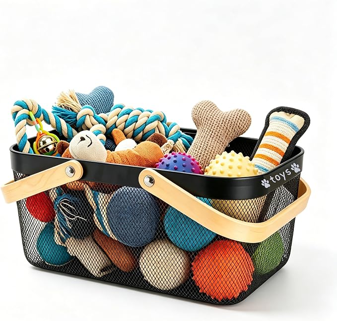 Metal Dog Toy Basket, Chew-Proof Food Bin with Handles | Medium Indestructible Feeding Storage Container, Pet Stuff Organizer Box for Living Room, Dog Leash, Blanket