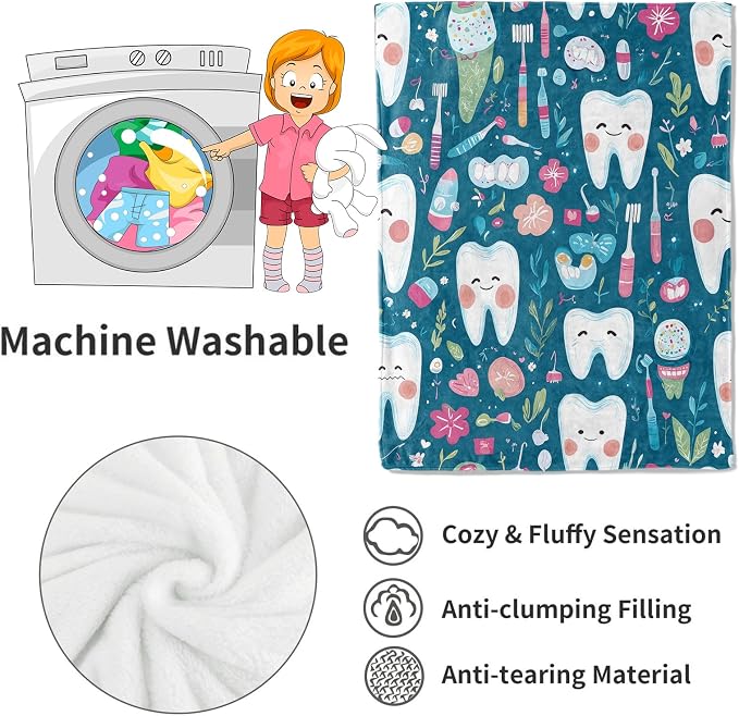 Dental Tooth Fairy Blanket,50x60in,Cute Toothbrushe Floss Teal Throw Blankets,Dental Hygienist Gifts for Kids Adult, Lightweight Soft Fleece Cozy,for Sofa Couch Bed Room Modern Decor