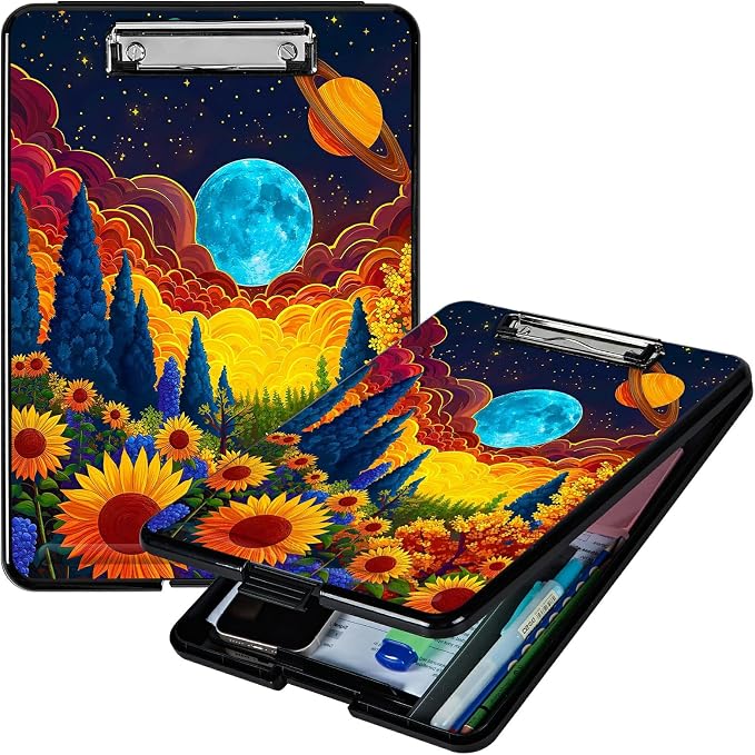 Sunflower Clouds Moon A4 Clipboard with Storage Pen Holder, Clipboards Organizer Nursing Clipboard Foldable File Folder Plastic Clipboard Folio Clip Board for Office Students Classroom