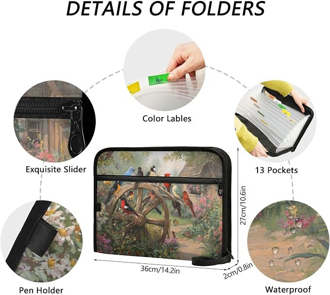 Birds on The Wagon Wheel Expanding File Folder with Sticky Labels, 13 Pockets Accordion File Folder Document Organizer Expandable Zip File Folder with Zipper Closure