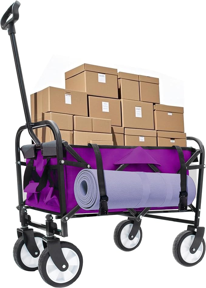 Collapsible Folding Outdoor Utility Wagon, Strap Collapsible Foldable Wagon Cart with Strapping System, Supports 225lbs (Purple)