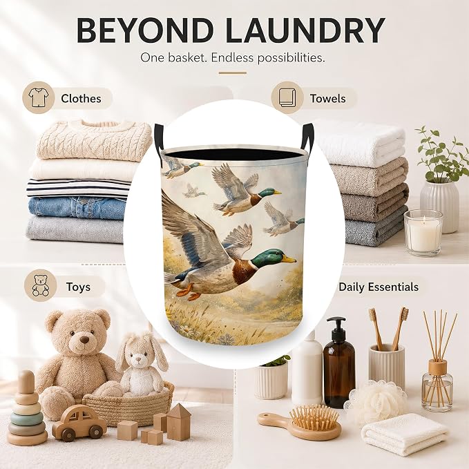 Laundry Hamper, Flying Ducks Collapsible Wildflowers Laundry Baskets Waterproof Oxford Cloth With Handles, Clothes Storage Bucket For Bathroom/Bedroom 16" x 20.8"