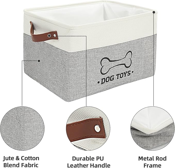 Homimp Dog Toy Basket, Dog Toy Bin Box with Comfortable Handles and Cover, Collapsible Large Pet Toy Storage Organizer for Accessories, Toys, Coat & Clothing, Blanket & Leash, Gray, 15"x11"x9"