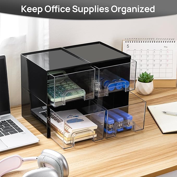 Vtopmart Black Small Stackable Storage Drawers for Cologne Organizer | Plastic Containers for Vanity, Dresser, Office Desk,Bathroom Countertop Organization, Ideal for Men's Room Decor